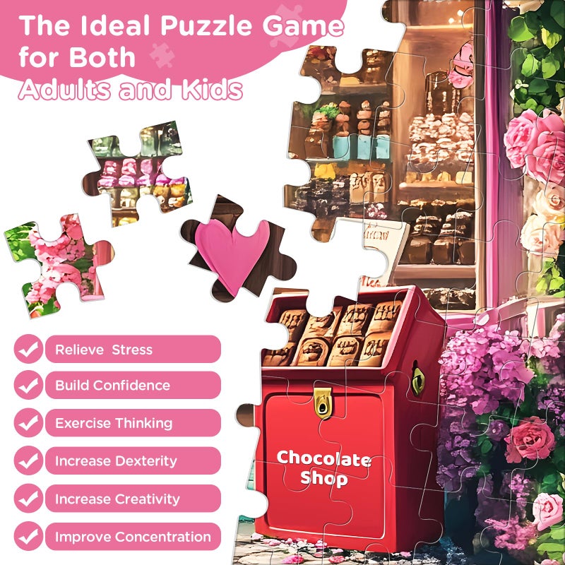 WSCXSC Jigsaw Puzzles 300 Pieces for Adults,Chocolate Shop 300 Piece Puzzles,Cat Puzzle for Kids Adult Senior,Pink Flowers Challenging Puzzles Family Activity Great Gift Home Decor 20.5x15 in - Image 4