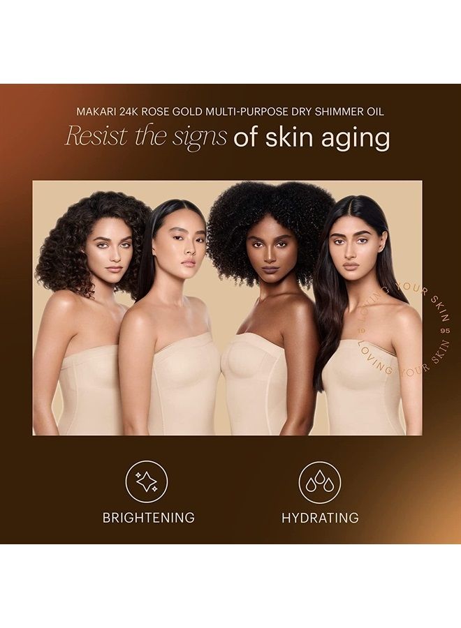 Makari زيت اللمعان الجاف متعدد الاستخدامات من ماكاري 24K ذهب وردي (3.38 أونصة سائلة) | زيت لمعان الجسم للوجه والشعر والجسم | زيت الجسم اللامع مع رقائق الذهب الحقيقي | زيت الجسم الجاف الفاخر وزيت الجسم اللامع