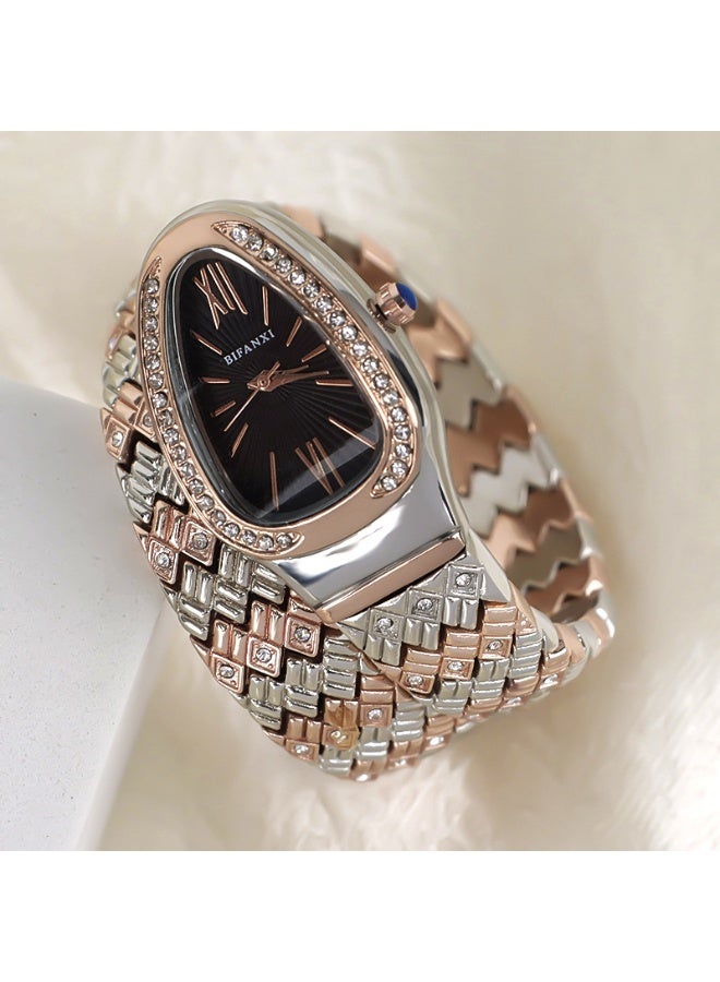 Fashionable three-hand quartz bracelet watch with a snake-shaped winding dial and diamonds