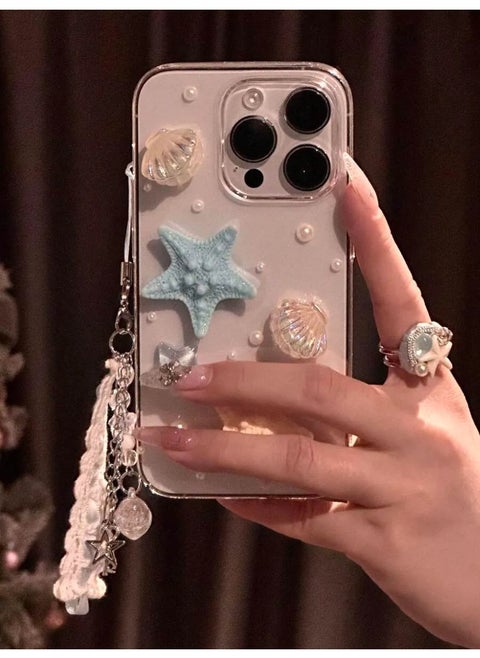 Cute Summer Starfish Shell Phone Case with Clear Epoxy Film Compatible with iPhone 16 15 14 13 12 11 Pro Max Plus, 3D Soft Shell Korean Pattern Cover