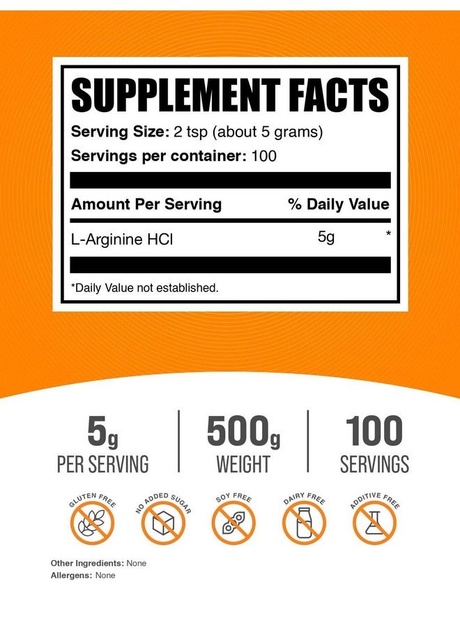 بالك سابلمنتس مسحوق حمض الأرجينين هيدروكلوريد من BulkSupplements.com - مكمل أكسيد النيتريك، مسحوق الأرجينين - بدون نكهة وخالي من الغلوتين، 5 غرام لكل حصة، 500 غرام (1.1 رطل) (عبوة من قطعة واحدة) - Image 2