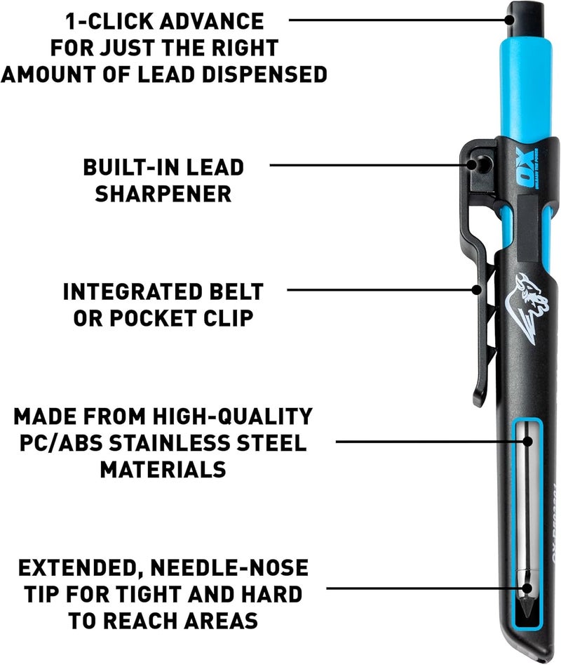 Ox Tools Carpenter Pencil and 10 pack Graphite Set Pro Tuff Carbon Marking Pencil Mechanical Construction With 10 Leads, Holder & Sharpener Belt Clip - Image 2