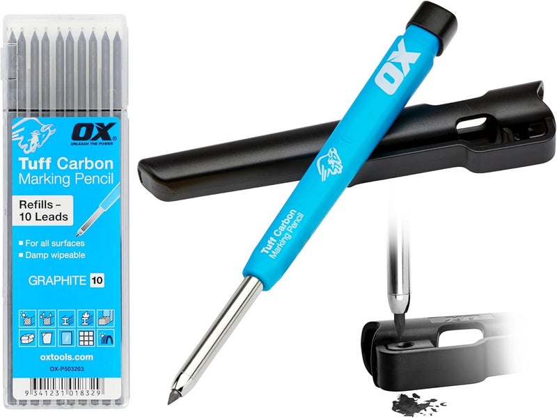 Ox Tools Carpenter Pencil and 10 pack Graphite Set Pro Tuff Carbon Marking Pencil Mechanical Construction With 10 Leads, Holder & Sharpener Belt Clip - Image 1