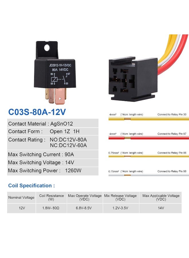 Ehdis 4-Pin Relay With Harness Car Truck Motor Heavy Duty 80A 12V On/Off Normally Open Spst Relay Socket Plug 4 Wire Automotive Relay  - Image 2