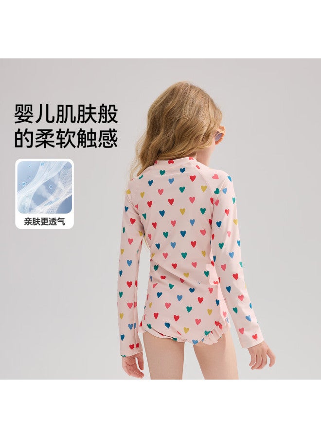 Ask Junior Children's Swimsuit, Summer One-piece Conservative Swimwear For Older Kids With Long Sleeves And Heart Pattern, Boyshort Style To Prevent Exposure - Image 3