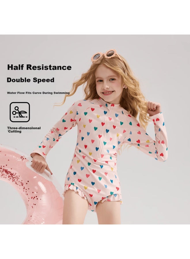 Ask Junior Children's Swimsuit, Summer One-piece Conservative Swimwear For Older Kids With Long Sleeves And Heart Pattern, Boyshort Style To Prevent Exposure - Image 2