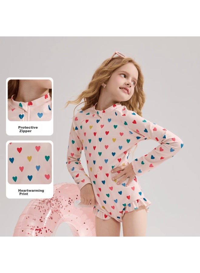 Ask Junior Children's Swimsuit, Summer One-piece Conservative Swimwear For Older Kids With Long Sleeves And Heart Pattern, Boyshort Style To Prevent Exposure - Image 4