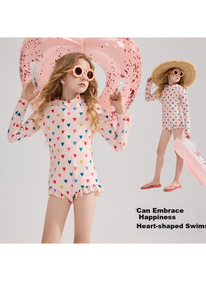 Ask Junior Children's Swimsuit, Summer One-piece Conservative Swimwear For Older Kids With Long Sleeves And Heart Pattern, Boyshort Style To Prevent Exposure - Image 1