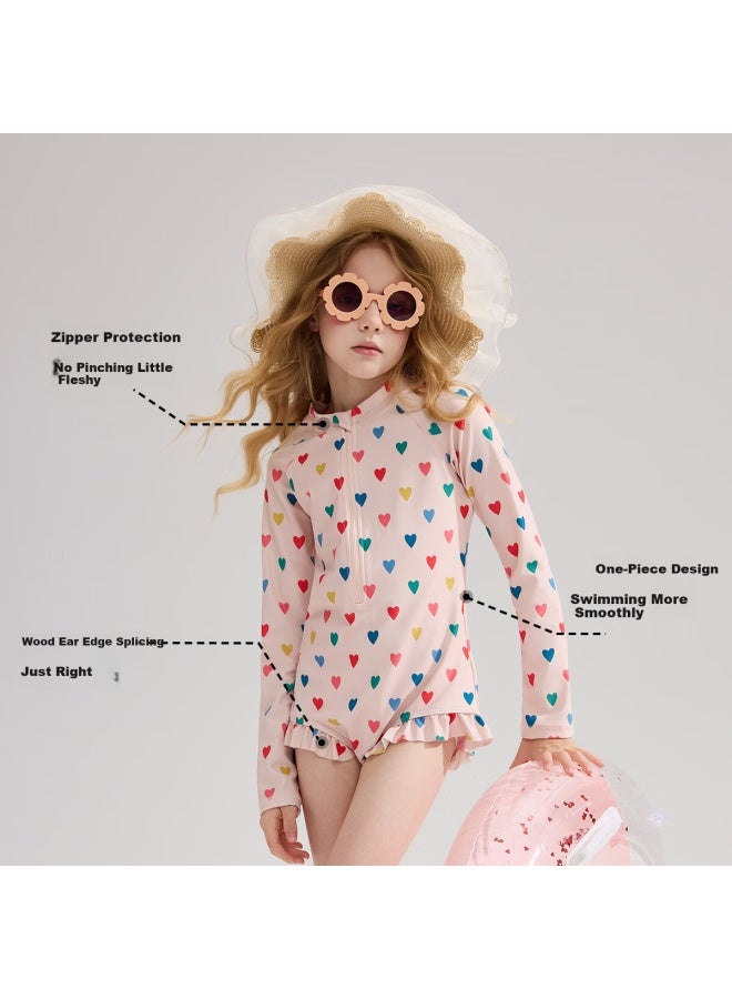 Ask Junior Children's Swimsuit, Summer One-piece Conservative Swimwear For Older Kids With Long Sleeves And Heart Pattern, Boyshort Style To Prevent Exposure - Image 5