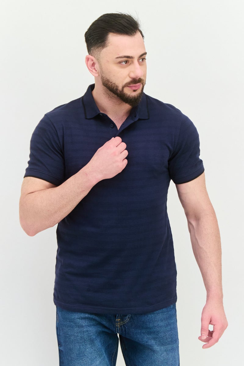 Peter Werth Men Regular Fit Short Sleeves Textured Polo Shirt, Navy - Image 1
