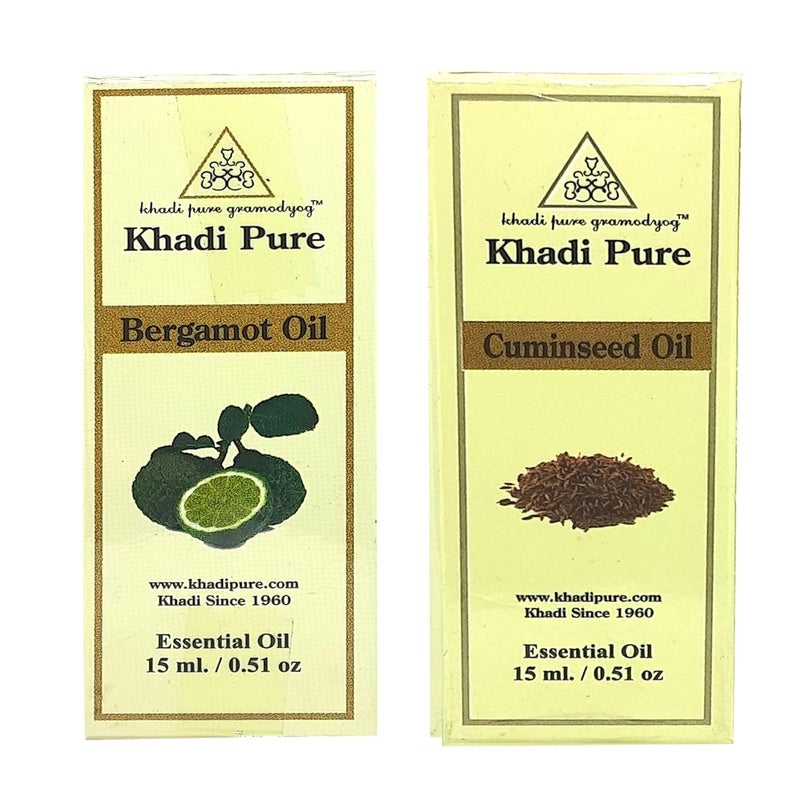 Khadi Pure Gramodyog Khadi Pure Bergamot  Cuminseed Essential Oil  Uplifting  Detoxifying Aromatherapy Blend  Supports Digestion  Relieves Stress  Promotes Clear Skin  Boosts Immunity  100 Natural  Therapeutic Grade  Pack of 2 15 ml Each  - Image 1