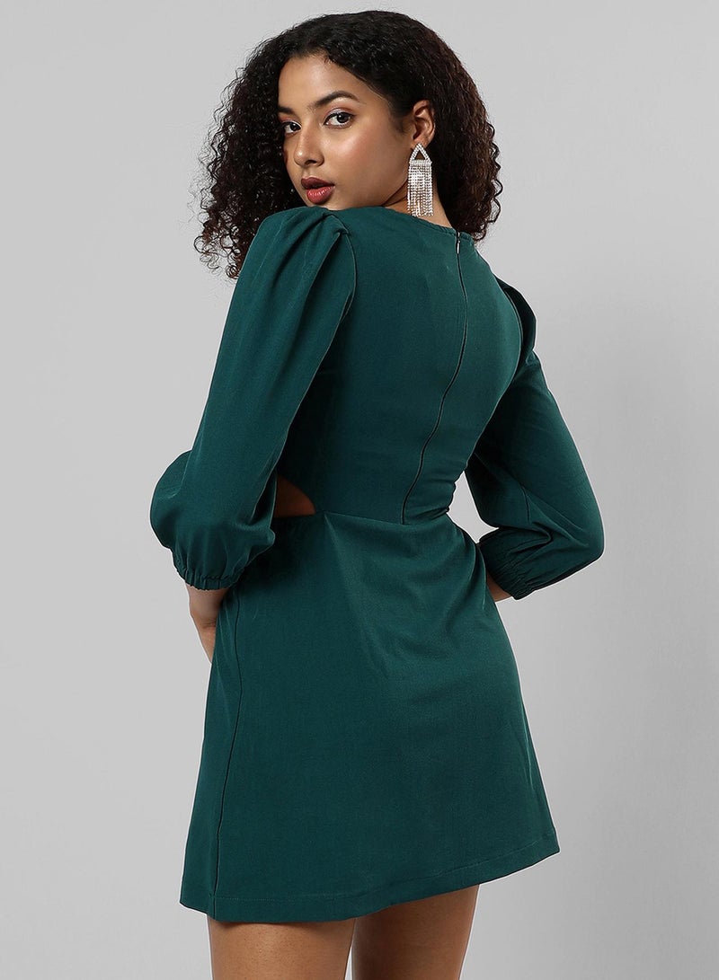 PINACOLADA Women's Hunter Green Cut-Out Mini Dress For Casual Wear | Round Neck | Quarter Sleeve | Pull On Closure | Dress Designed With Comfort Fit For Woman & Girls - Image 5