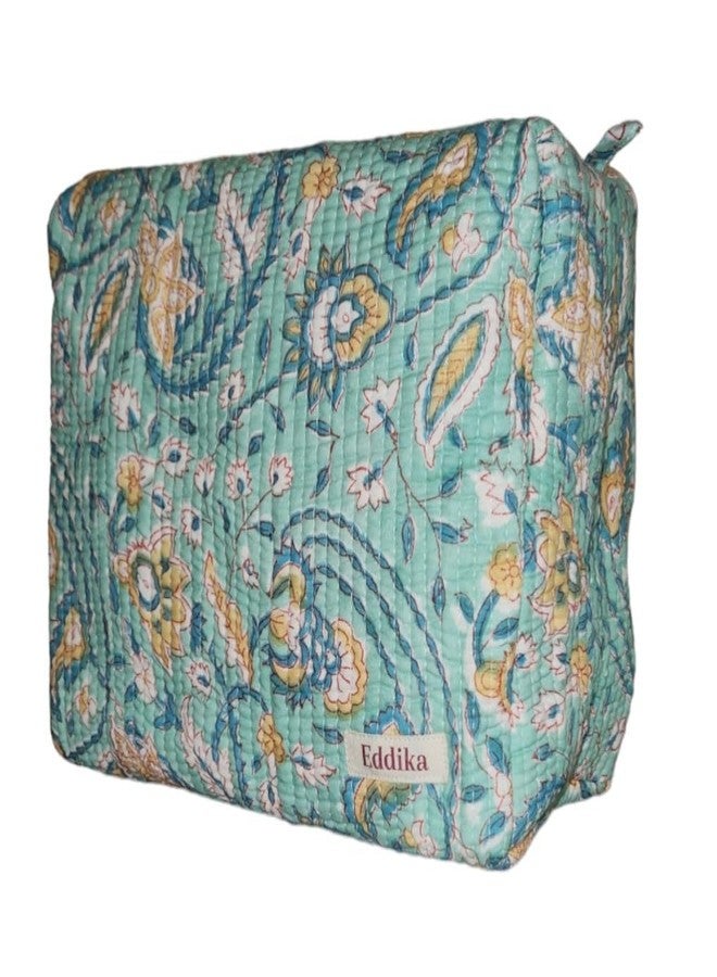 Eddika Quilted Hand Block Printed Cotton Multipurpose Extra Large Cosmetic Bags for Storage, Travel Kit, Makeup Pouches,Toiletry Bag (Light Green) eeltpcb06 - Image 1