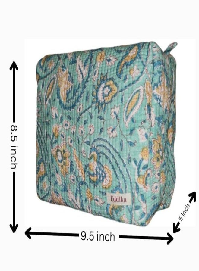 Eddika Quilted Hand Block Printed Cotton Multipurpose Extra Large Cosmetic Bags for Storage, Travel Kit, Makeup Pouches,Toiletry Bag (Light Green) eeltpcb06 - Image 3