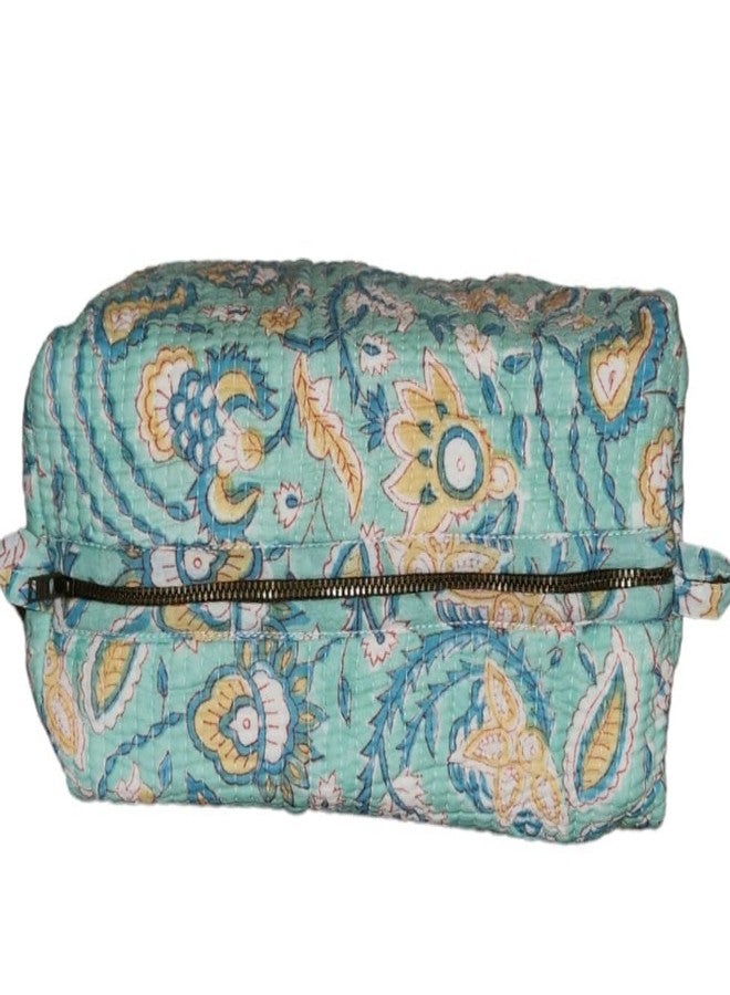 Eddika Quilted Hand Block Printed Cotton Multipurpose Extra Large Cosmetic Bags for Storage, Travel Kit, Makeup Pouches,Toiletry Bag (Light Green) eeltpcb06 - Image 5