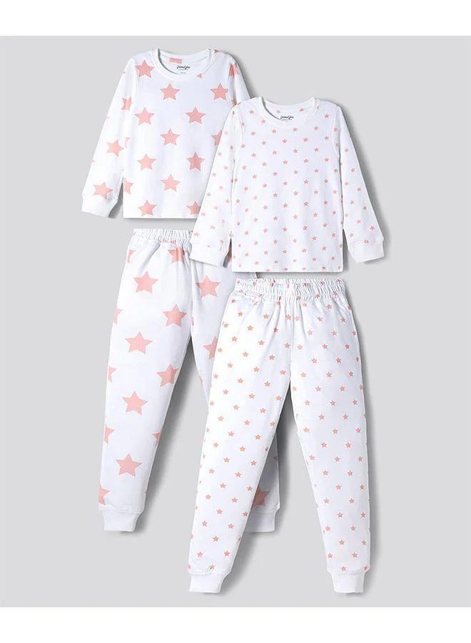 Primo Gino Primo Gino 100% Cotton Knit Full Sleeves Pajama Set with Star Print (Pack of 2) - White