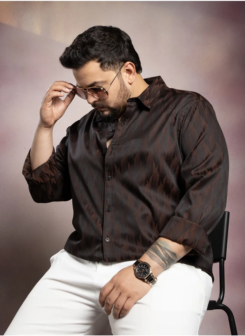 انستافاب بلس Instafab Plus Men's Chocolate  Brown Contour -Weave Shirt For Casual Wear | Spread Collar | Long Cuffed Sleeves | Button Closure | Plus Size Shirt Crafted With Comfort Fit For Everyday Wear