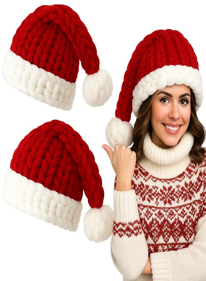 Newcotte 2 Pcs Christmas Chunky Knitted Santa Hats for Adult Women Men Novelty Funny Santa Beanie Thick and Warm Xmas Caps for Christmas Party Carnivals Outfits Gift Red - Image 1
