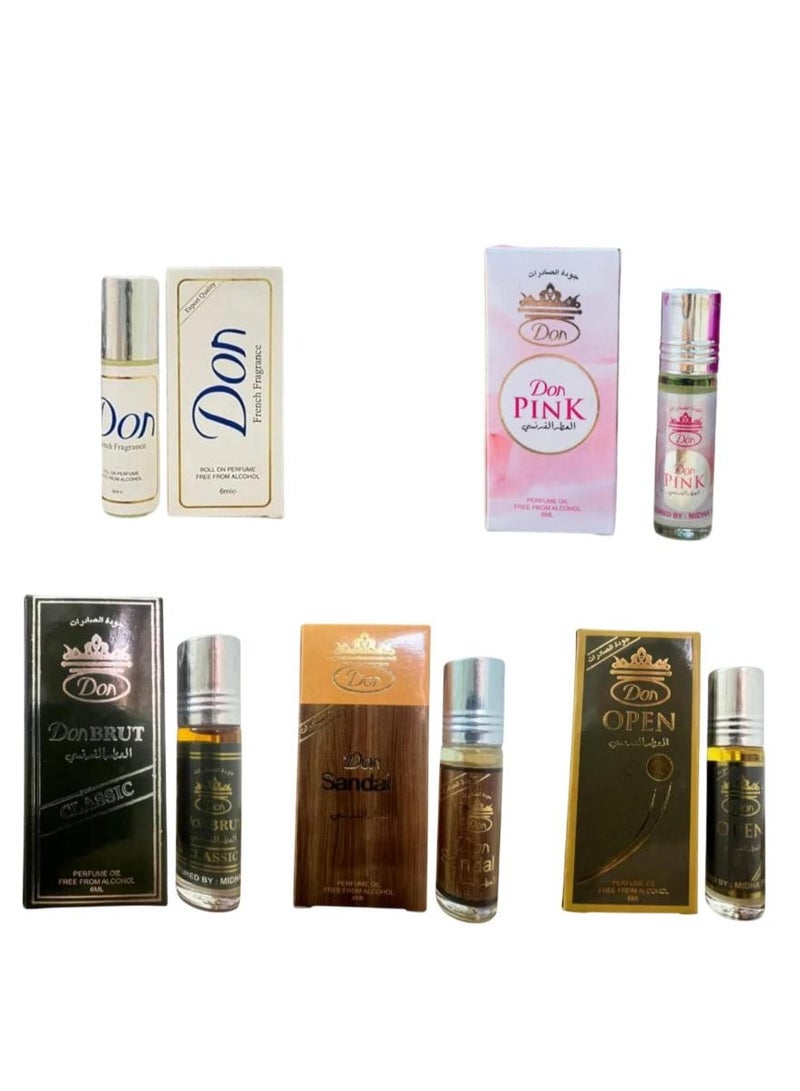 don French Fragrance Roll On Perfume + Rose Perfume + Open Perfume + Sandal Perfume + Brut Perfume 6ml 5 Pcs