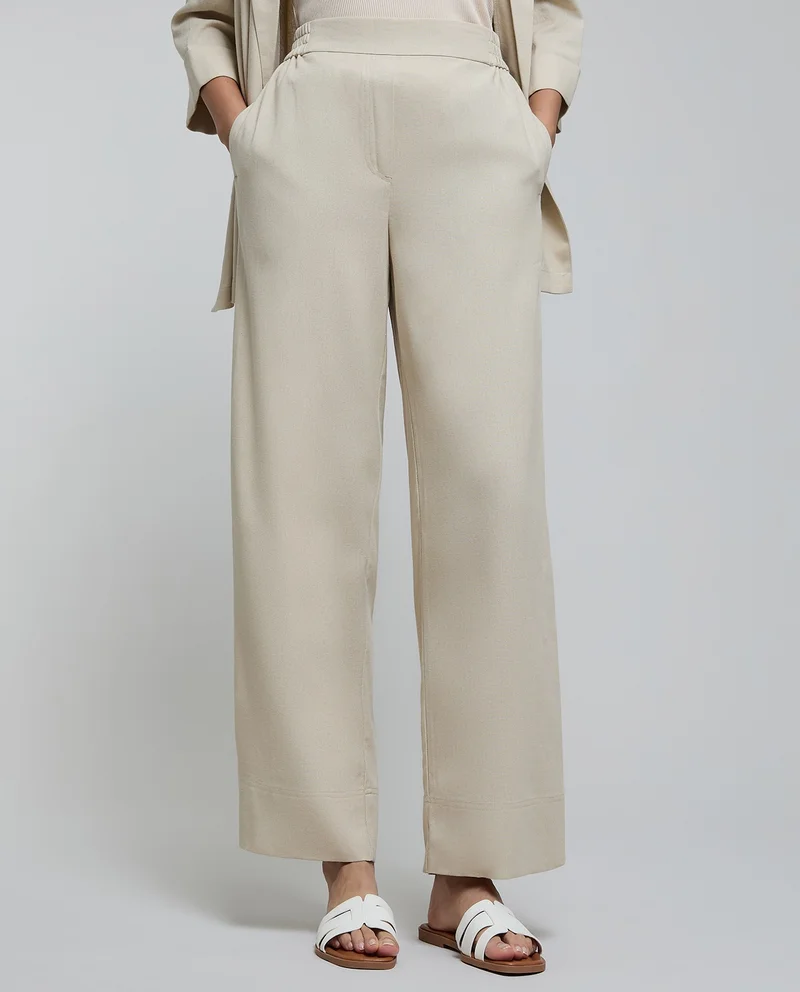 أر أند بي Solid Wide Leg Pants with Elastic Waist