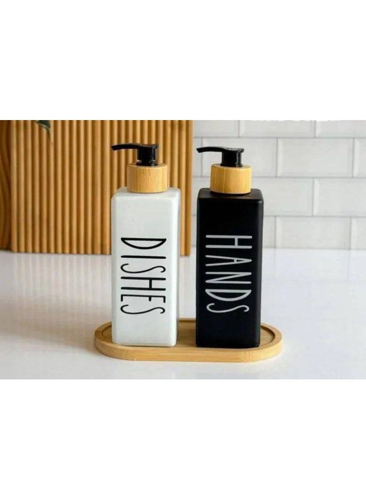 2*1 Square Glass Shower Dispenser Set with Bamboo Wood Holder - Image 3