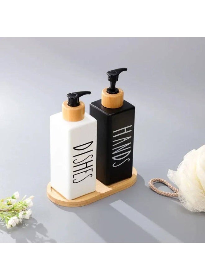 2*1 Square Glass Shower Dispenser Set with Bamboo Wood Holder - Image 2