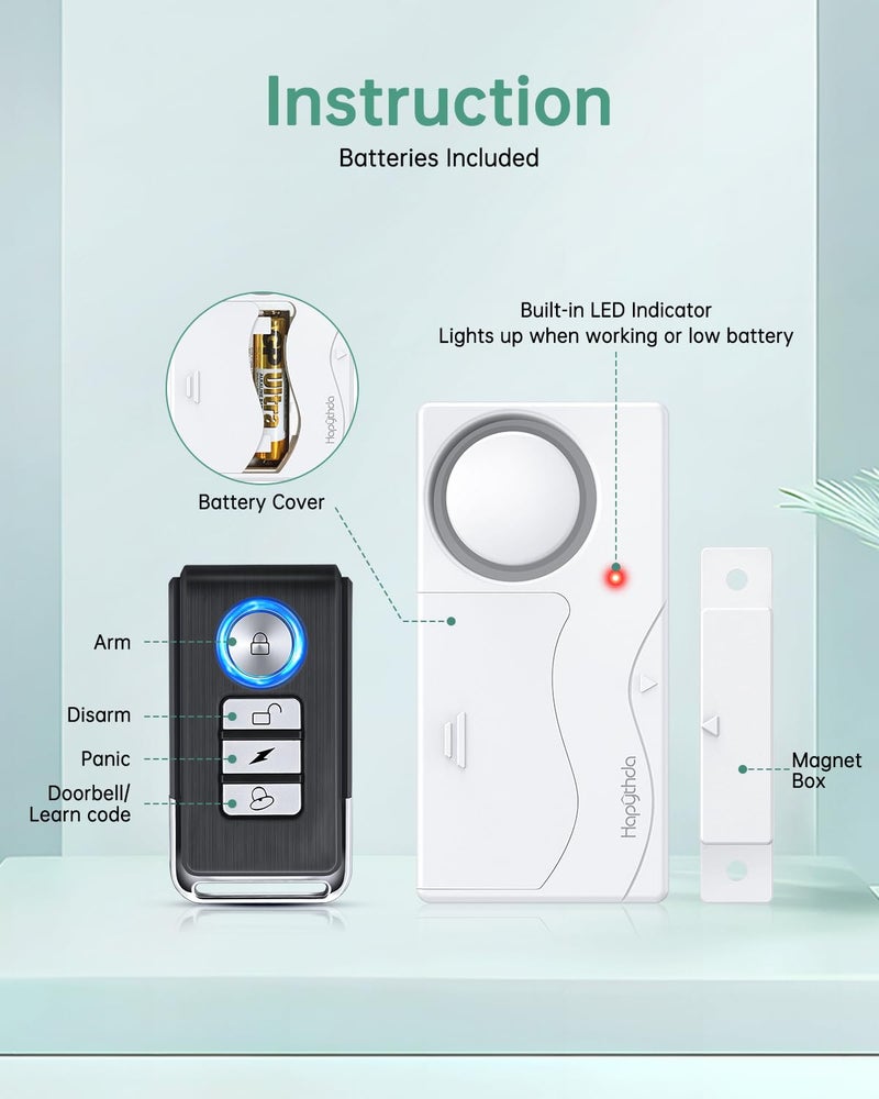 HAPYTHDA Door Alarm, Window Alarm Sensors, 2 Pack, Door Alarms for Kids Safety, Door Chimes When Door Opens, Magnetic Security Sensor - Image 2