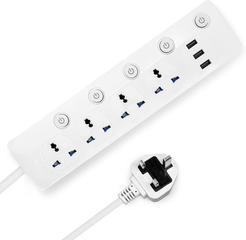 ELONSEY Universal Power Extension Cord with Surge Protector 4 Power Sockets & 3 USB Ports, 3 Meter Power Strip for House, Office etc., Multi Plug Extension Lead - 3M - Image 1