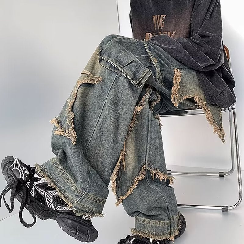 High Street Patched Denim Pants for Men Blue 