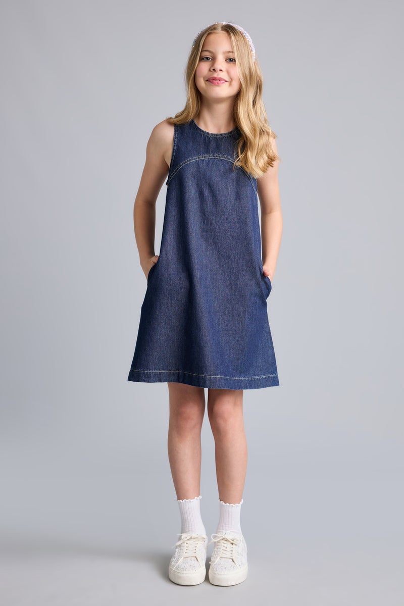 DeFacto Blue Girl Girl Crew Neck Denim Mini Navy Blue Dress Casual - Image 1