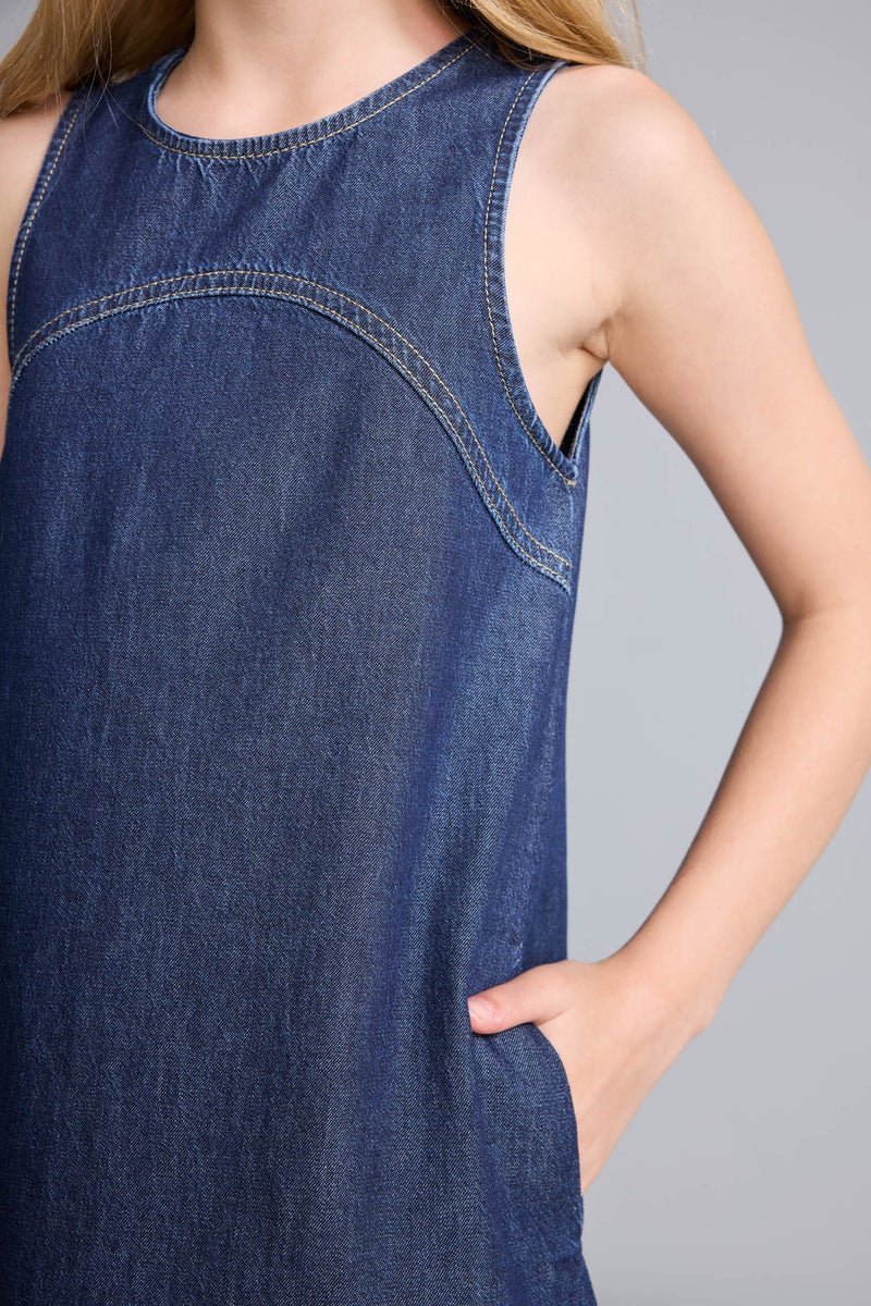 DeFacto Blue Girl Girl Crew Neck Denim Mini Navy Blue Dress Casual - Image 4