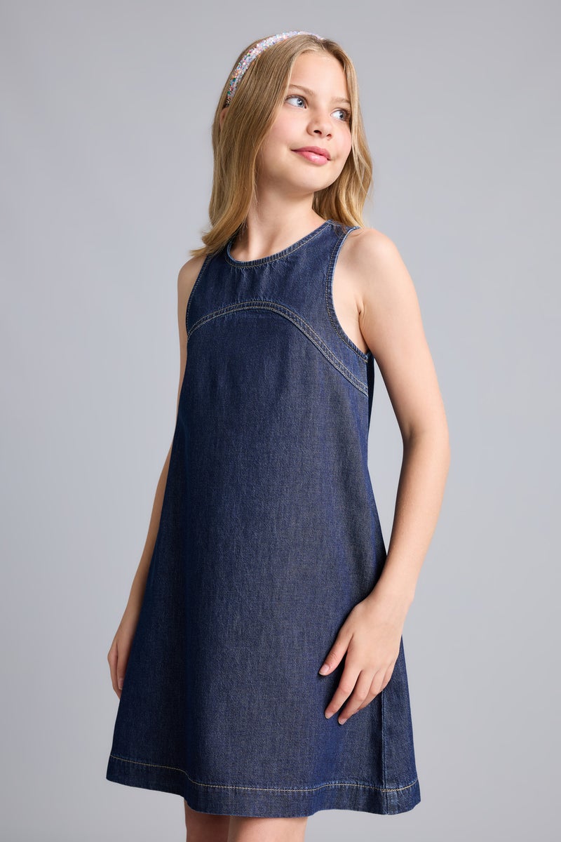 DeFacto Blue Girl Girl Crew Neck Denim Mini Navy Blue Dress Casual - Image 3
