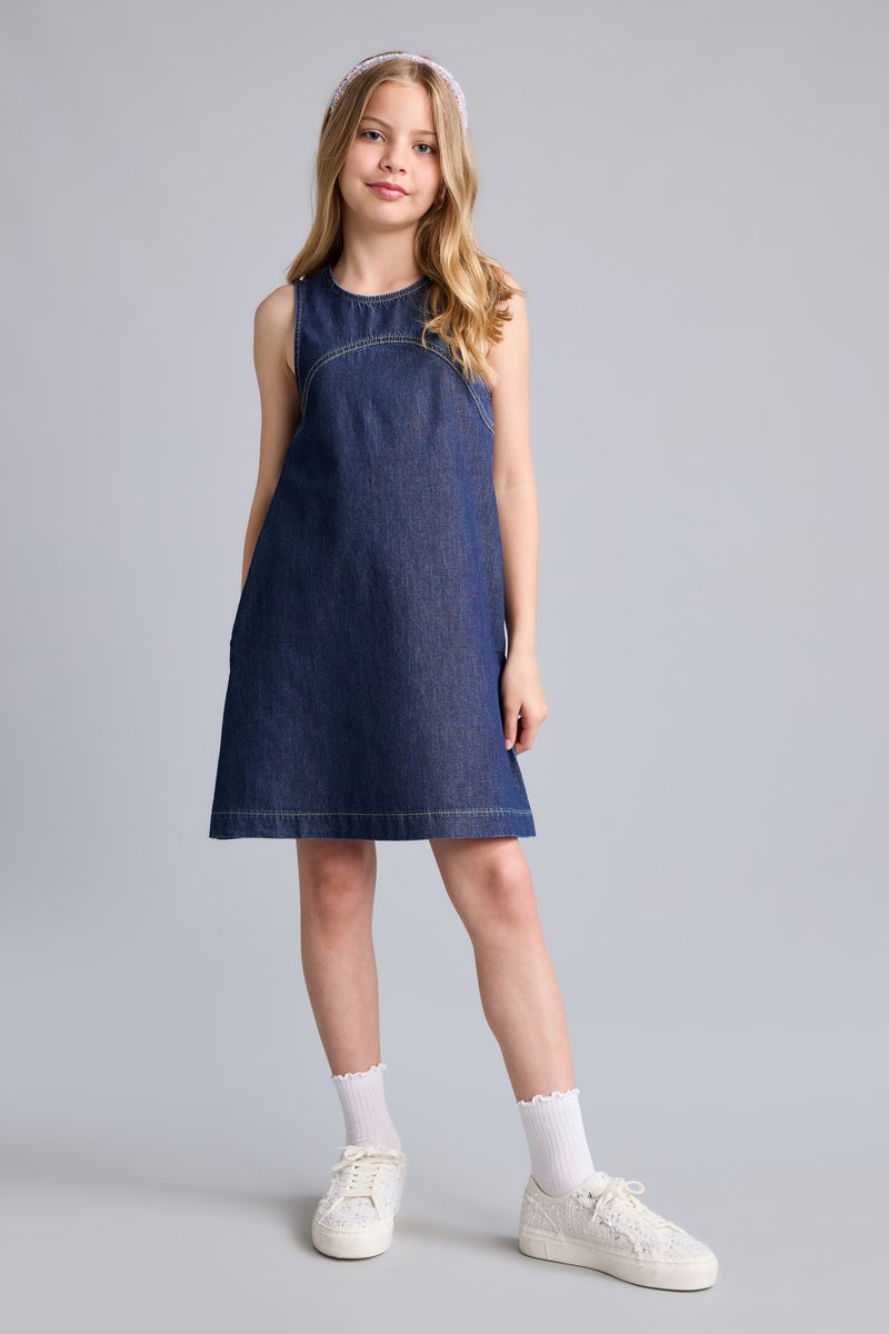 DeFacto Blue Girl Girl Crew Neck Denim Mini Navy Blue Dress Casual - Image 2