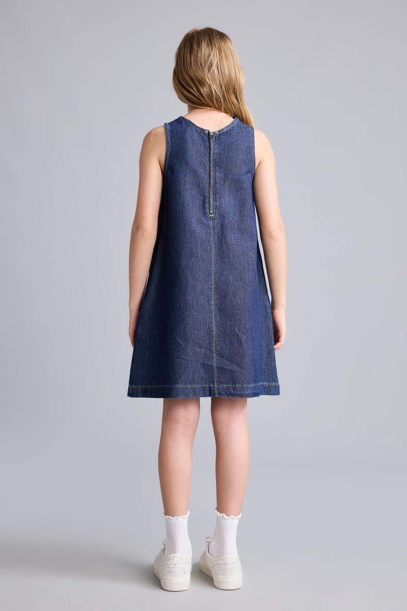 DeFacto Blue Girl Girl Crew Neck Denim Mini Navy Blue Dress Casual - Image 5