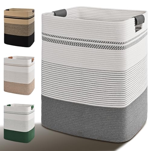 Degeyoyo Laundry Hamper, 85L Tall Laundry Basket with Leather Handles, Rectangle Large Clothes Hamper for Organizing, Cotton Woven Laundry Baskets Storage Hampers for Bedroom, Nursery, Living Room - Image 1