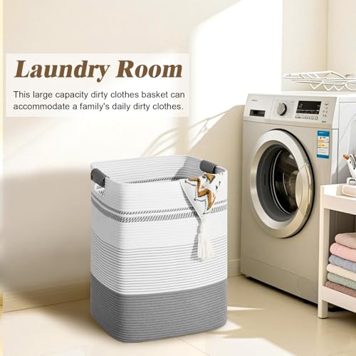 Degeyoyo Laundry Hamper, 85L Tall Laundry Basket with Leather Handles, Rectangle Large Clothes Hamper for Organizing, Cotton Woven Laundry Baskets Storage Hampers for Bedroom, Nursery, Living Room - Image 4