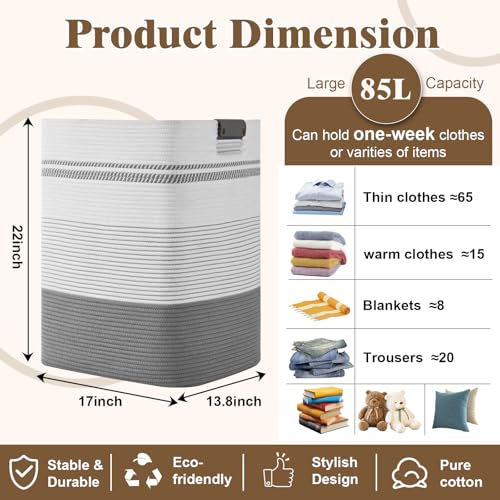 Degeyoyo Laundry Hamper, 85L Tall Laundry Basket with Leather Handles, Rectangle Large Clothes Hamper for Organizing, Cotton Woven Laundry Baskets Storage Hampers for Bedroom, Nursery, Living Room - Image 3