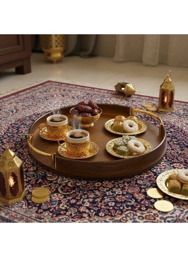 WINEENEE Small Round Bamboo Tray 24.5cm - Ottoman Coffee Tray for Arabic Gahwa & Snacks with Handles - Image 5