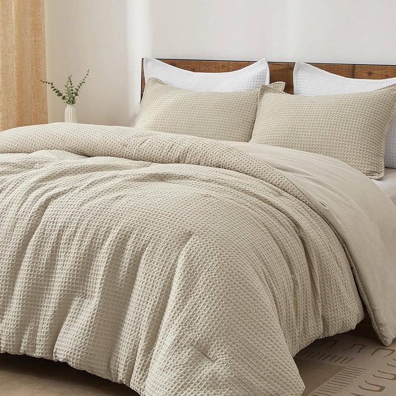 PHF Ultra Soft Waffle Weave 3 Pieces Comforter Set Queen Size, Lightweight Breathable Comfy Textured, Includes 1 Comforter (230cm x 230cm) with 2 Pillow Shams (50 cm x 66 cm), Linen Beige color - Image 1