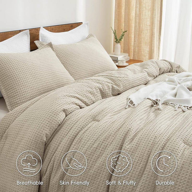 PHF Ultra Soft Waffle Weave 3 Pieces Comforter Set Queen Size, Lightweight Breathable Comfy Textured, Includes 1 Comforter (230cm x 230cm) with 2 Pillow Shams (50 cm x 66 cm), Linen Beige color - Image 3