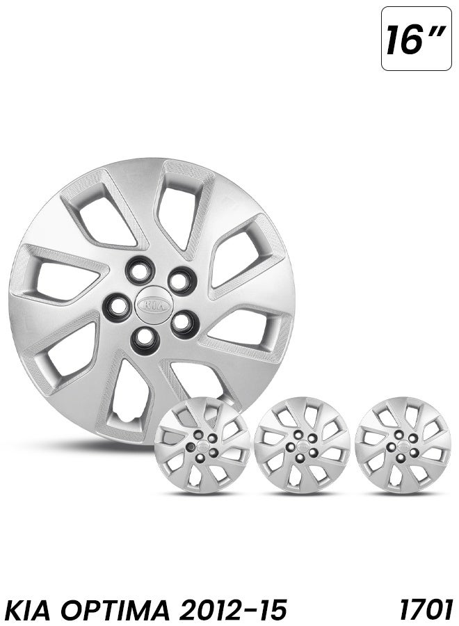 كيا طقم أغطية عجلات مقاس 16 بوصة طراز 1701 لسيارة كيا أوبتيما 2012-2015 - أغطية محاور مصنوعة من ألياف ABS متينة مع حلقة تثبيت آمنة، تصميم بإبزيم قابل للتعديل، مقاومة للتشقق والبهتان، سهلة التركيب بالكبس، تحمي الجنوط الفولاذية، طقم من 4 قطع. - Image 1