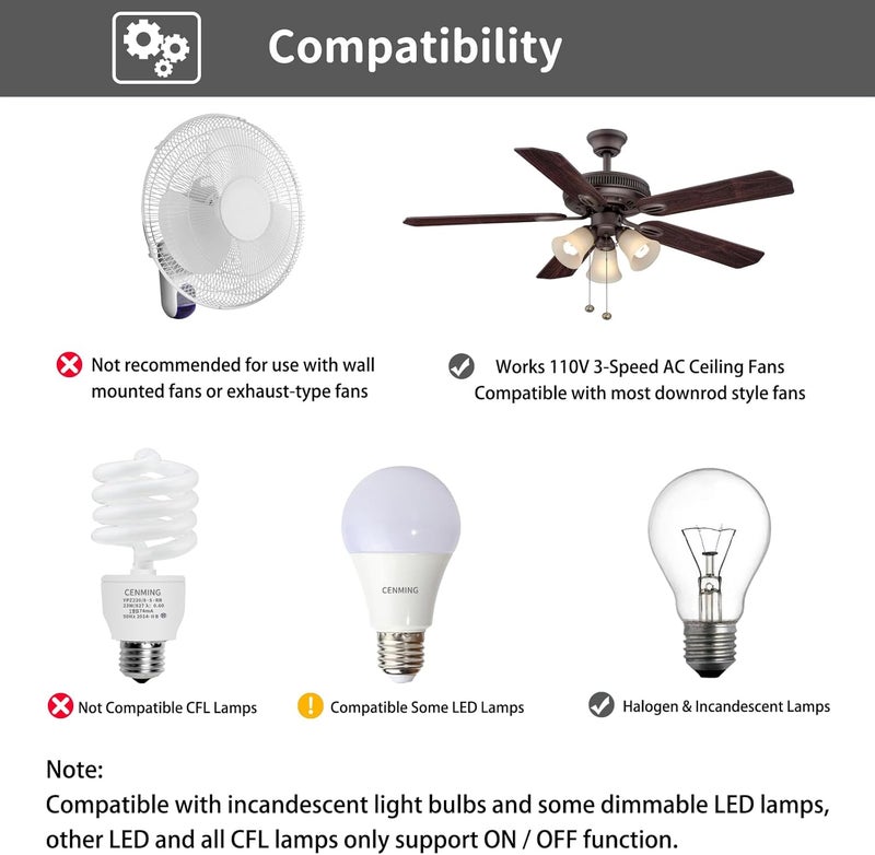 CENMING 63T Universal Ceiling Fan Remote Control Kit for Harbor Breeze Hunter Hampton Bay, 3-Speed Light Dimmer Timer, Suitable for 110V AC Ceiling Fan Light - Image 3