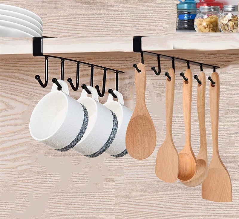 Vaoza VAOZA Stainless Steel 6 Hook Under Shelf Cabinet Rack for Coffee Cup Mug Wine Glass Tie Hooks Keys Hooks Hanging Belts Scarf Organizer Kitchen Utensils Holder Rack Nail Free 2 Black - Image 1