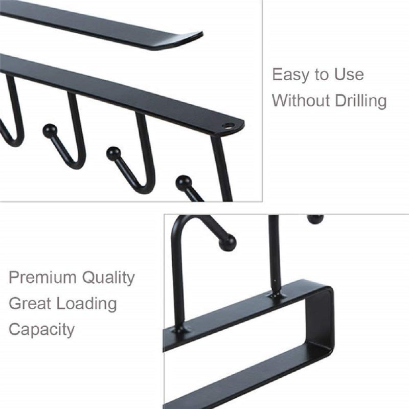 Vaoza VAOZA Stainless Steel 6 Hook Under Shelf Cabinet Rack for Coffee Cup Mug Wine Glass Tie Hooks Keys Hooks Hanging Belts Scarf Organizer Kitchen Utensils Holder Rack Nail Free 2 Black - Image 4