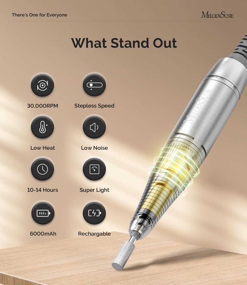 MelodySusie Entry-Level Clip-On Cordless Nail Drill, SC320D 30000RPM Essential E-File with LCD Display for Manicure Shaping & Gel Removal, Perfect for Training, Nail Art Practice & Home Use - Image 3