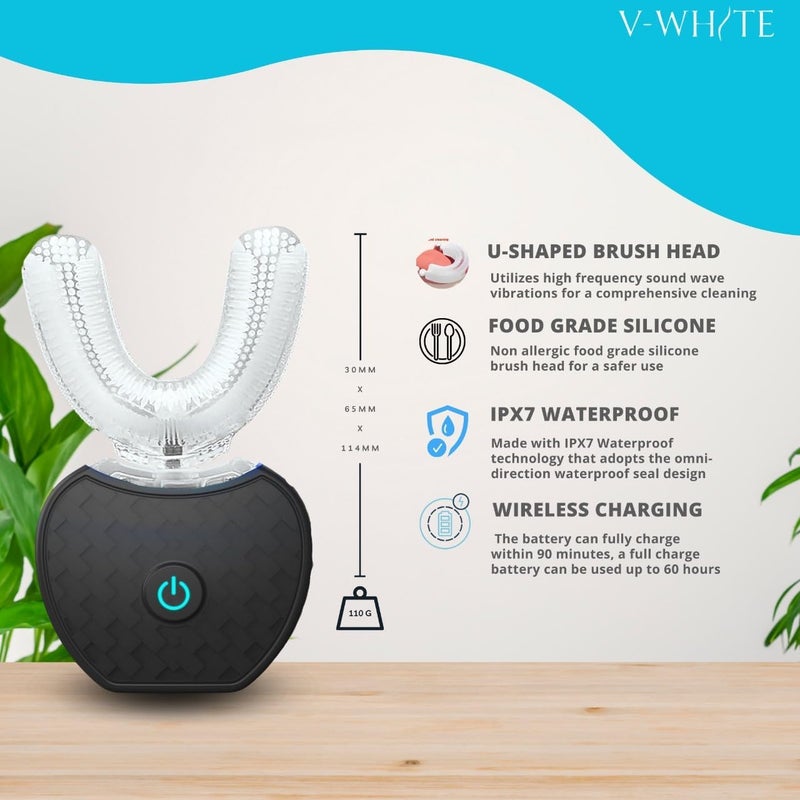 V-White Ultrasonic U-Shaped Toothbrush for Teeth Whitening, Electric Toothbrush For Adults - 360° Mouth Cleansing, Hands Free Gums Protection - Wireless Charging & LED Light -Waterproof IPX7 Certified - Image 2