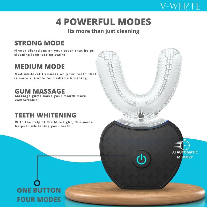 V-White Ultrasonic U-Shaped Toothbrush for Teeth Whitening, Electric Toothbrush For Adults - 360° Mouth Cleansing, Hands Free Gums Protection - Wireless Charging & LED Light -Waterproof IPX7 Certified - Image 3