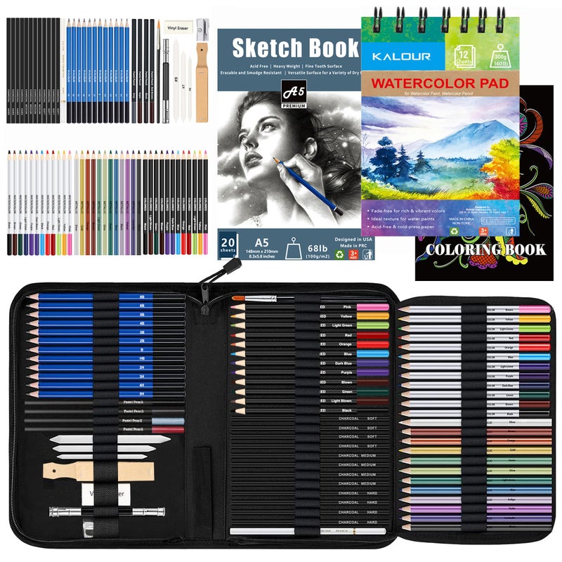 KALOUR 76pc Art Supply Set - Sketching & Drawing Kit with Tutorial Book, Sketchbook & Paper - Pencils, Pastels, Watercolors for Beginner Artists - Image 1