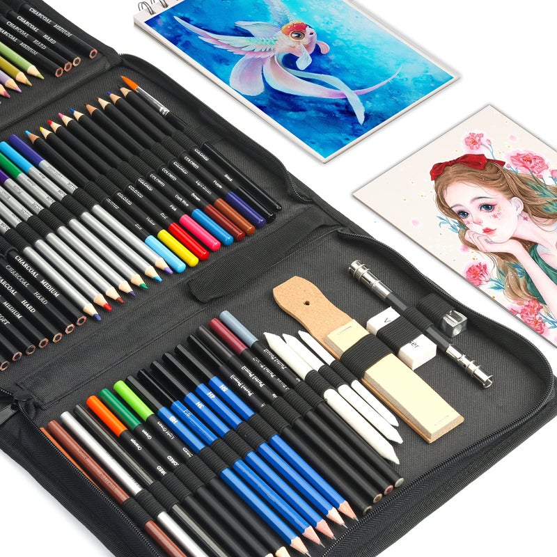 KALOUR 76pc Art Supply Set - Sketching & Drawing Kit with Tutorial Book, Sketchbook & Paper - Pencils, Pastels, Watercolors for Beginner Artists - Image 2