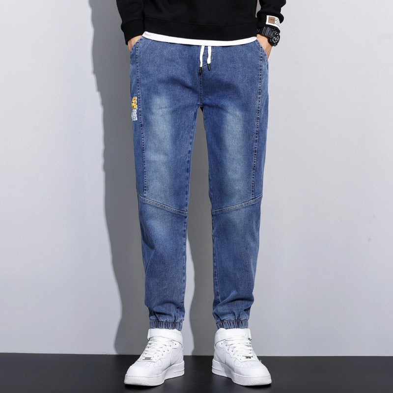 Generic Factory Direct sales 901# cropped elastic waist jeans mens slim fit ankle-tied stretch small straight-leg Korean style fashionable pants Light blue - Image 1